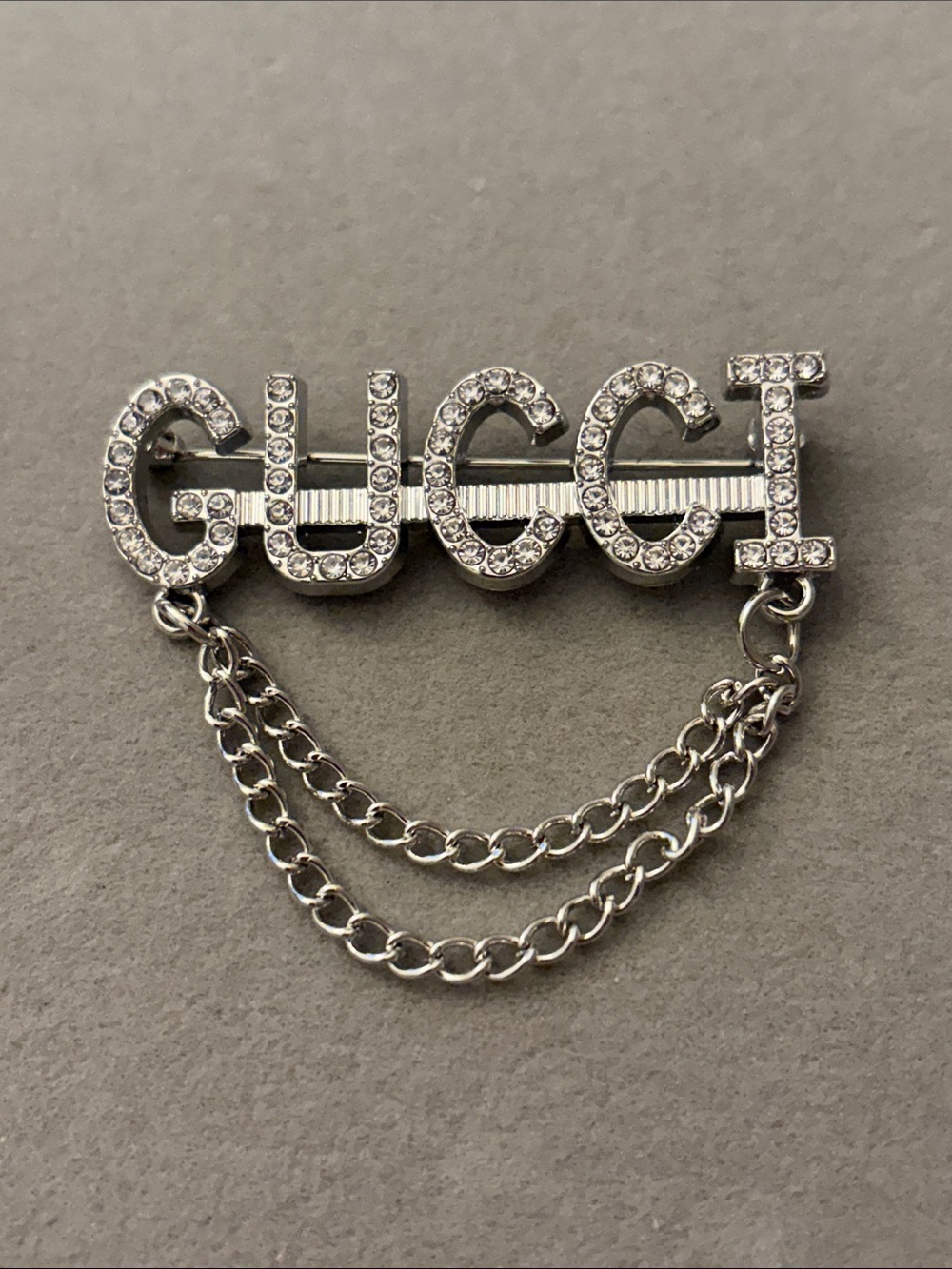 Silver Crystal Logo Brooch with Chain